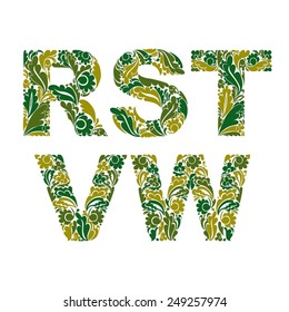 Ornamental typescript, letters decorated with herbal pattern isolated on white.