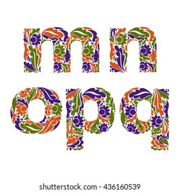 Ornamental typescript, letters decorated with herbal pattern isolated on white.