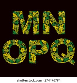 Ornamental typescript, M, N, O,P, Q letters decorated with herbal pattern isolated.