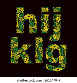 Ornamental typescript with natural pattern. Flowery alphabet, calligraphic lowercase green letters.