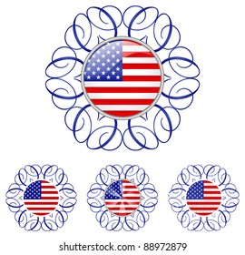 Ornamental US button in 4 different styles: Gradient, Plain, Starburst, and Grunge