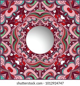 Ornamental vector background in pink color, curly decorative frame, elegant decorative pattern for gift card or packaging design