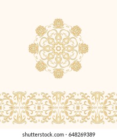 Ornamental vector border pattern and decorative vector rosette on white background