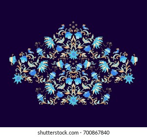 Ornamental vector composition with birds and flowers on dark violet background
