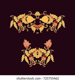 Ornamental vector composition with fruits on black background