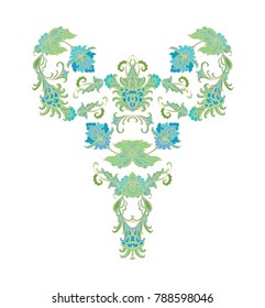 Ornamental vector decorative composition  with blue - turquoise flowers on white background