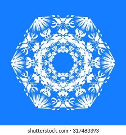 Ornamental vector design element. Lacy fragment on blue background.