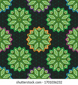Diseño de vectores ornamentales para la alfombra. Alfombra persa, hijab, bata, textil. El adorno árabe con elementos decorativos. Plantilla de alfombra sin fisuras vectorial. Flores verdes sobre un fondo de estrellas coloreadas.