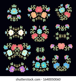 Ornamental vector floral composition, flourish vignette on dark background
