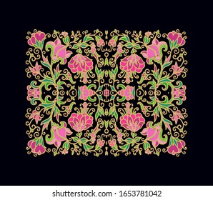 Composición floral vectorial ornamental, viñeta floreciente sobre fondo oscuro