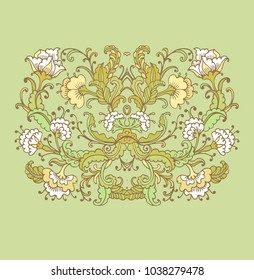 Ornamental vector floral composition with white flowers on light green background, turkish - oriental style