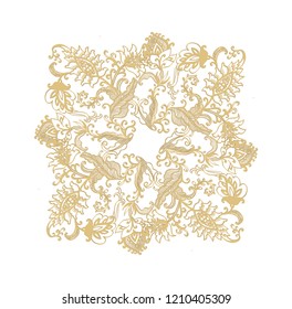 Ornamental vector floral decorative composition, vignette on white background, intricate stamp design, kalamkari