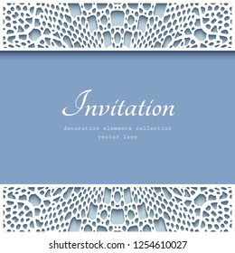 Ornamental vector frame with crochet lace border pattern, elegant cutout paper decoration for greeting card or wedding invitation design