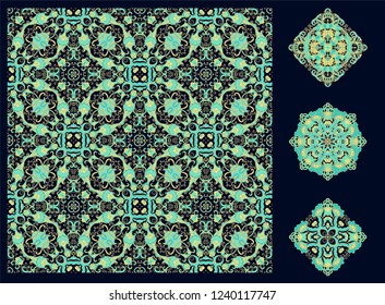 Ornamental vector golden - green  texture, rosettes