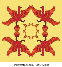 Ornamental vector illustration of mythological birds. Red phoenix birds on the yellow background. Folkloric motive. Fairy tales, stories, myths and legends decoration. 