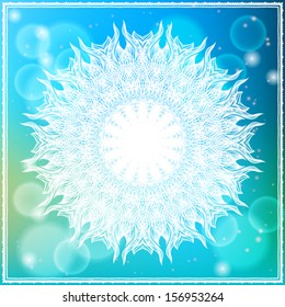 Ornamental vector illustration of a snowflake on sparkling background. Mandala design for winter holiday card, seasonal greetings, Christmas home decor, boxing day sale ad, new year party invitation