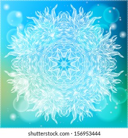 Ornamental vector illustration of a snowflake on glowing blue background. Mandala design for winter holiday card, seasonal greeting, Christmas home decor, boxing day sale ad, new year party invitation