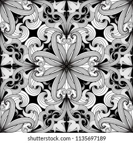 Ornamental vector paisley seamless pattern. Abstract floral background. Black and white hand drawn beautiful paisley flowers,  leaves, line art tracery ethnic style ornaments. Modern ornate design.