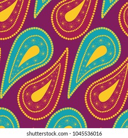 Ornamental vector pattern illustration with floral elements in gold, violet, purple and turquoise colors palette
