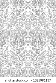 Ornamental vector pattern. Seamless filigree ornament. Black and white template for wallpaper, textile, shawl, carpet and any surface. Stylized ornament with cat and bull.