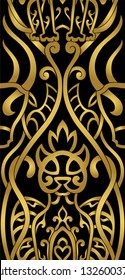 Ornamental vector pattern. Seamless filigree ornament. Gold and black template for wallpaper, textile, shawl, carpet and any surface. Stylized ornament with cat and bull.