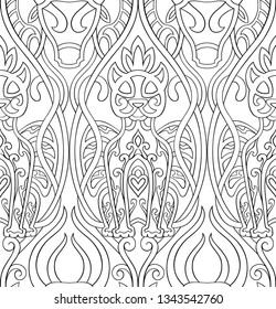 Ornamental vector pattern. Seamless filigree ornament. Black and white template for wallpaper, textile, shawl, carpet and any surface. Stylized ornament with panther and bull.