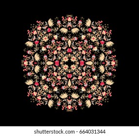 Ornamental vector rosette with flowers and birds  on black background
