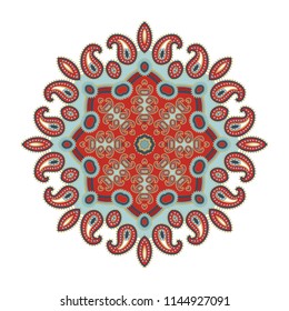 Ornamental vector rosette- mandala with paisley motif, on white background