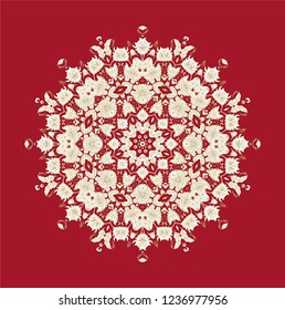 Ornamental vector rosette - mandala, snowflake  on red background