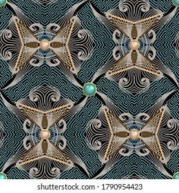 Patrón de vector fundamental sin fisuras. Antecedentes de estilo étnico griego. Flores abstractas, curvas, hojas, formas. Repita el colorido fondo floral. Ornamentos geométricos con botones 3d.