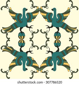 Ornamental vector seamless pattern with mythological birds. Folkloric motive. Fairy tales, stories, myths and legends decoration. 