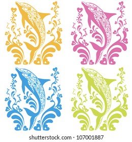 Ornamental vector set with dolphin silhouettes and  flourish elements