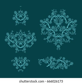 Ornamental vector vignettes on dark turquoise background