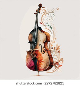 ornamental vector watercolor illustration of double bass