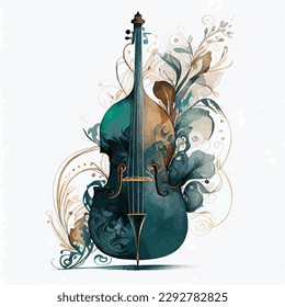 ornamental vector watercolor illustration of double bass