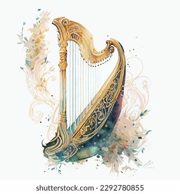ornamental vector watercolor illustration of harp