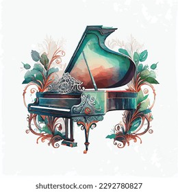 ornamental vector watercolor illustration of piano