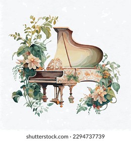 ornamental vector watercolor illustration of piano