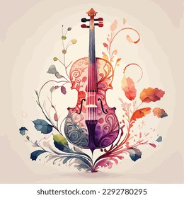 ornamental vector watercolor illustration of violin