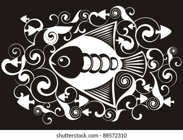 ornamental vector white fish on black background with decorative elements