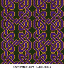 Ornamental vertical rows with interlaced violet threads on dark green background, seamless knitting vector pattern 