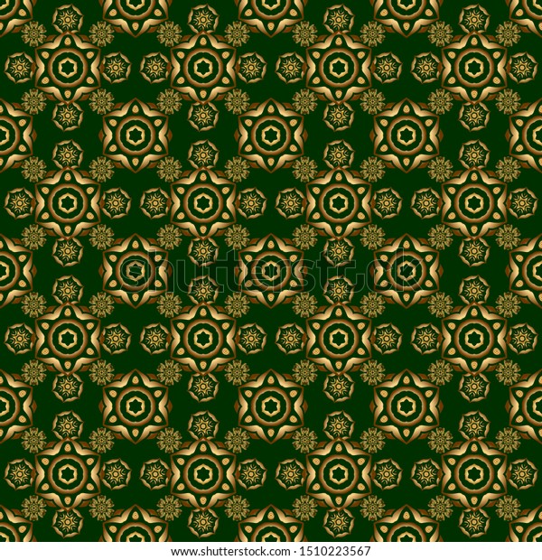 Ornamental vignette   Cute design\
template. Vector circle green and golden grid and\
elements.