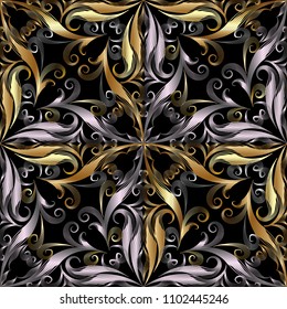 Ornamental vintage 3d seamless pattern. Black patterned vector damask background. Endless texture. Hand drawn floral line art tracery gold silver ornament with abstract flowers, striped leaves, swirls