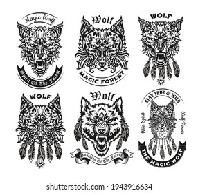 Ornamental vintage black and white wolf vector illustrations set. Isolated graphic sketches of predator in decorative retro style with lettering. Wildlife or animal concept for tattoo template