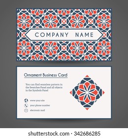 Ornamental vintage business card. Vector editable template include front and back side, geometric pattern and contact icons