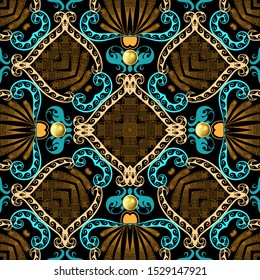 Ornamental vintage ethnic style greek vector seamless pattern. Floral Paisley flowers colorful background. Beautiful abstract ornaments with elegance hand drawn flowers, wave lines, gold gemstones.