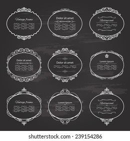 Ornamental vintage frame and label set on chalkboard background. 