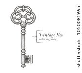 Ornamental vintage key with forging. Hand drawn engraving style illustrations.