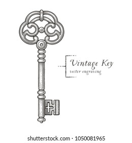 Ornamental vintage key with forging. Hand drawn engraving style illustrations.