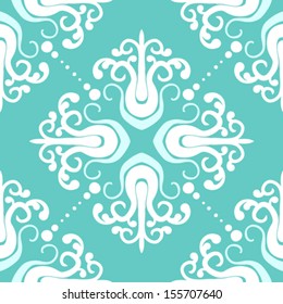 Ornamental vintage pattern with damask motifs in white and aqua blue. Seamless texture for web, print, holiday decor, textile design, fabric, wrapping paper, wedding invitation background, wallpaper